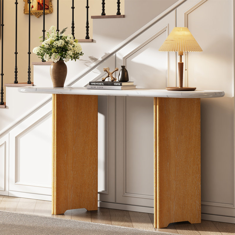 Console étroite, table de hall d'entrée avec plateau ovale en faux marbre, table de canapé rustique avec pieds incurvés, table d'appoint de couloir pour l'entrée et le salon