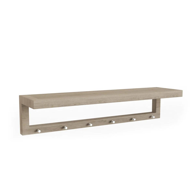 36" Light Gray Solid Wood Wall Mounted Floating Shelf With Hooks