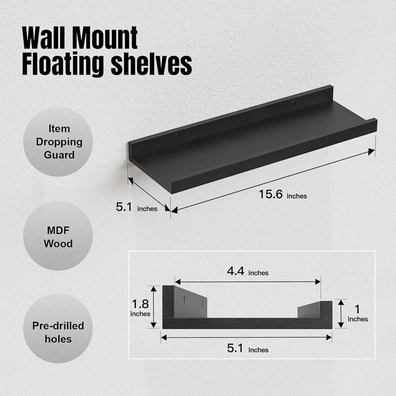 Ensemble de 8 tablettes murales flottantes avec rebord de sécurité - rangement compact pour la chambre de bébé, la chambre à coucher, la salle de bain et la cuisine