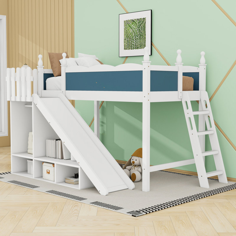 Lit mezzanine en bois avec glissade, tablettes de rangement et garde-robe, Lit simple, Bleu / blanc