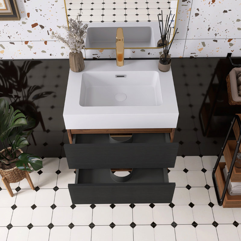 Meuble-lavabo en noyer avec lavabo à surface solide blanc brillant, 24"