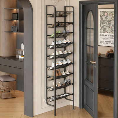 9-Layer Shoe Rack for 18 Pairs, Freestanding Shoe Organizer with 12 Side Hooks and 8 Adhesive Pads, Vertical Space-Saving Storage for Entryway, Hallwa