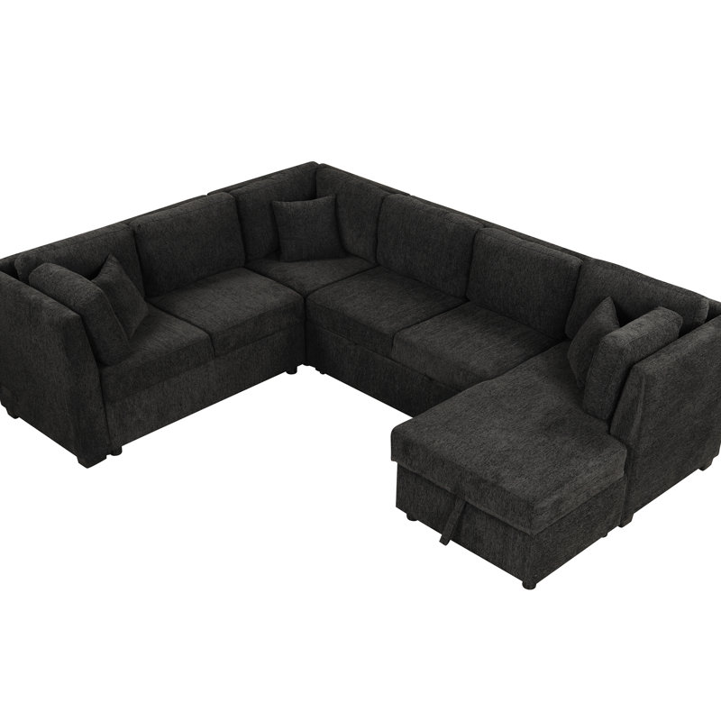 Canapé modulaire en U en chenille noir avec espaces de rangement et de charge spacieux, 2 prises de courant avec rangement pour lit de salon de 108,6 po, tissu doux