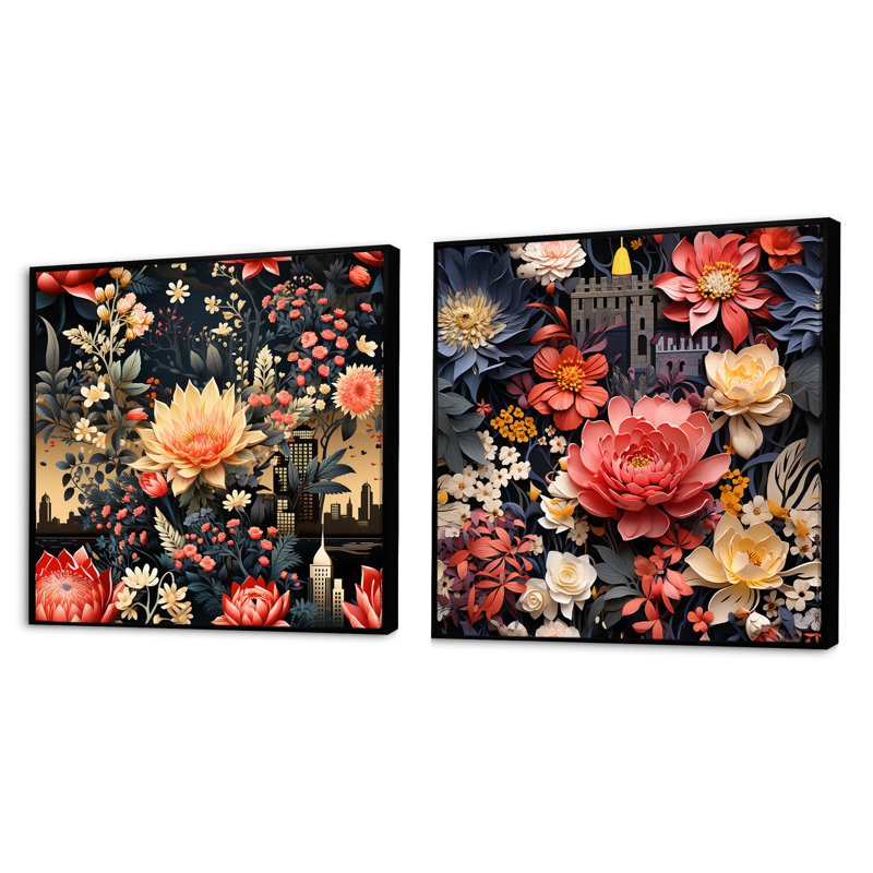 Ensemble de 2 collages carrés floraux Sara, Cadre flottant noir, H 30 po x l 61 po