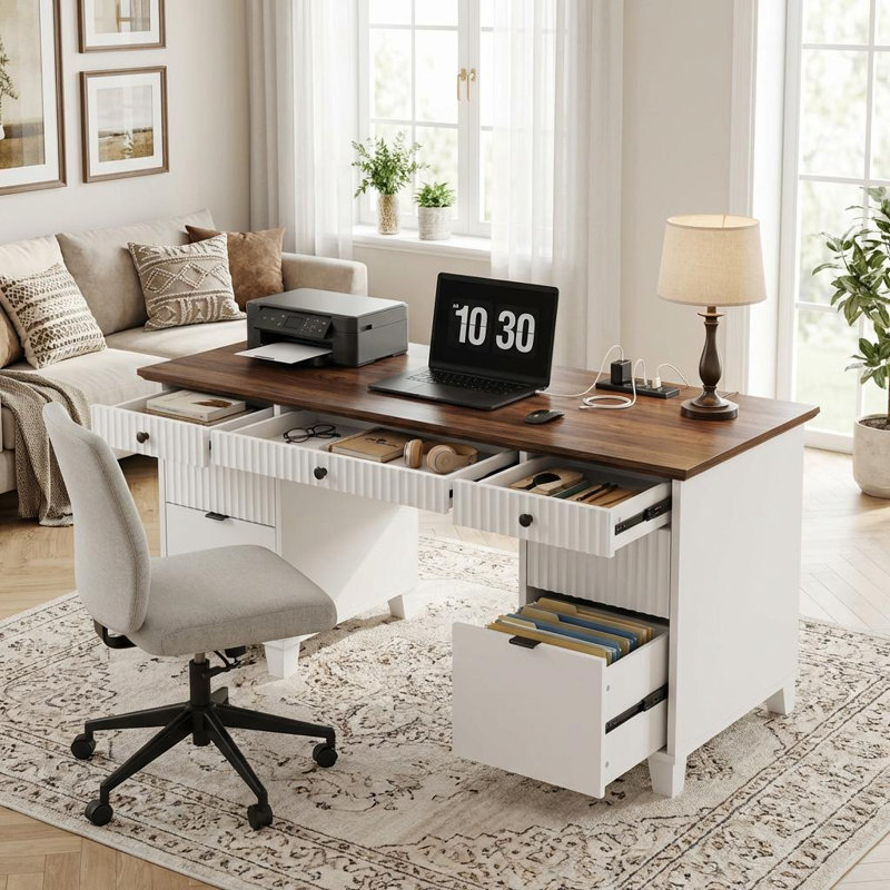 Bureau de bureau cannelé 60 po avec station de charge, bureau d'ordinateur de direction moderne avec classeur 60 po