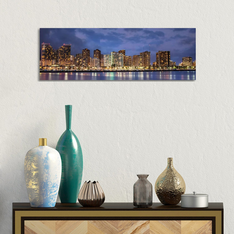 Honolulu Panoramic Skyline Cityscape (Sunset) by Unknown Artist - Wrapped Canvas Panoramic Print