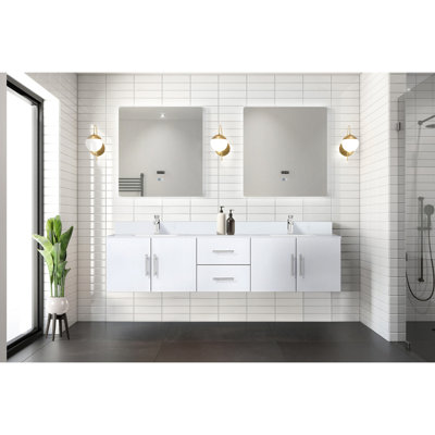 Glossy White Double Bathroom Vanity 80" X 22", Quartz, Faucet, 30" Led Mirrors - Scratch And Stain Unit For Sink 80x22 Bath With Quartz Top, Storage Cabinet