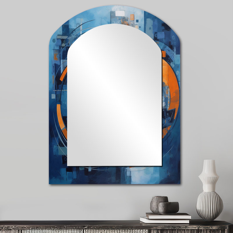 Orange And Blue Geometric Equilibrium II - Modern Arch Wall Mirror, 34" x 25"