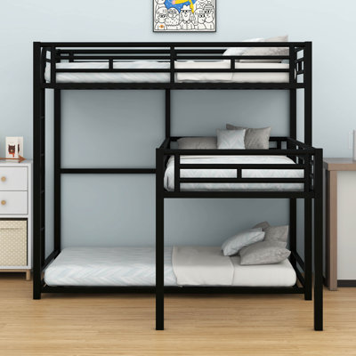 Twin Size L-Shaped Metal Triple Bunk Bed With Built-In Ladder And Guardrails