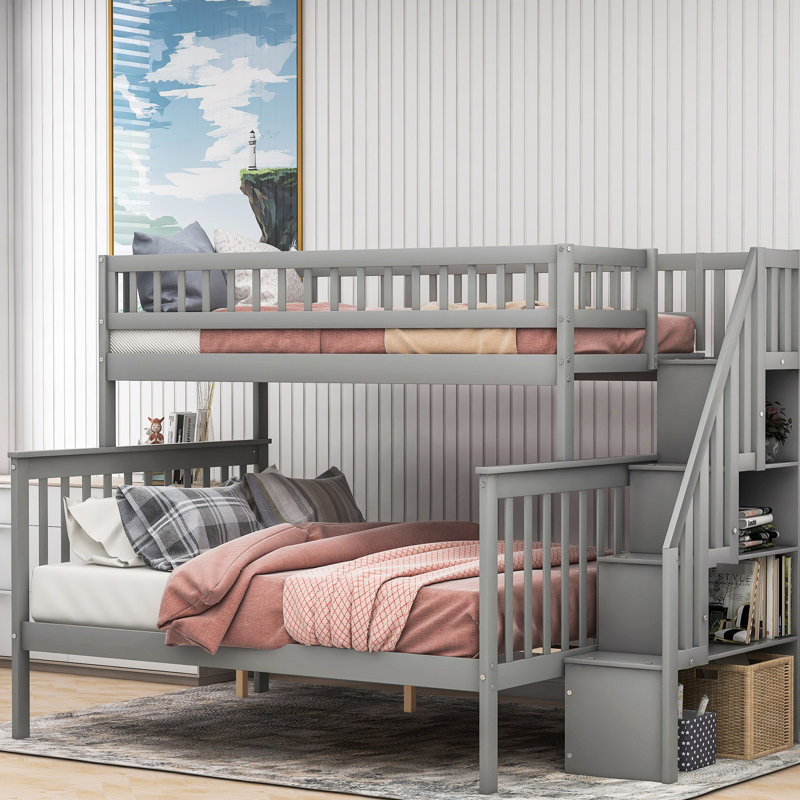 Lit superposé simple / double avec escalier gris Spark, bois de pin et avec tablettes latérales pour le rangement, peut être divisé en deux unités séparées