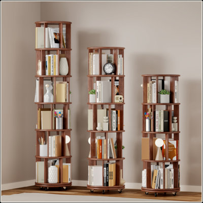 100% Solid Wood 360° Rotating Bookshelf, 4-Tier Round Revolving Book Tower with Wheels, Narrow Rolling Shelf for Small Space, Corner, Bedroom & Office