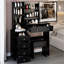 Meuble-lavabo de 37 po et tabouret rembourré 37 po, grand miroir coulissant, DEL tricolore à contrôle tactile avec réglage de la luminosité, rangement haut, tabouret de style noir avec option de chevet noir, miroir