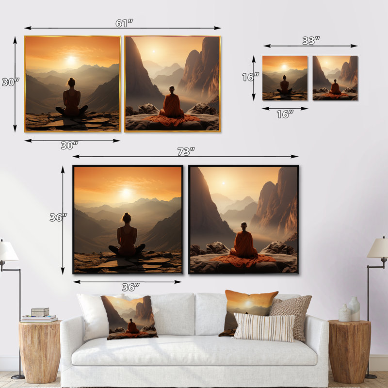 2 pièces sur toile - Yoga Mountain Pose Horizon, Cadre flottant noir, H 36 po x l 73 po