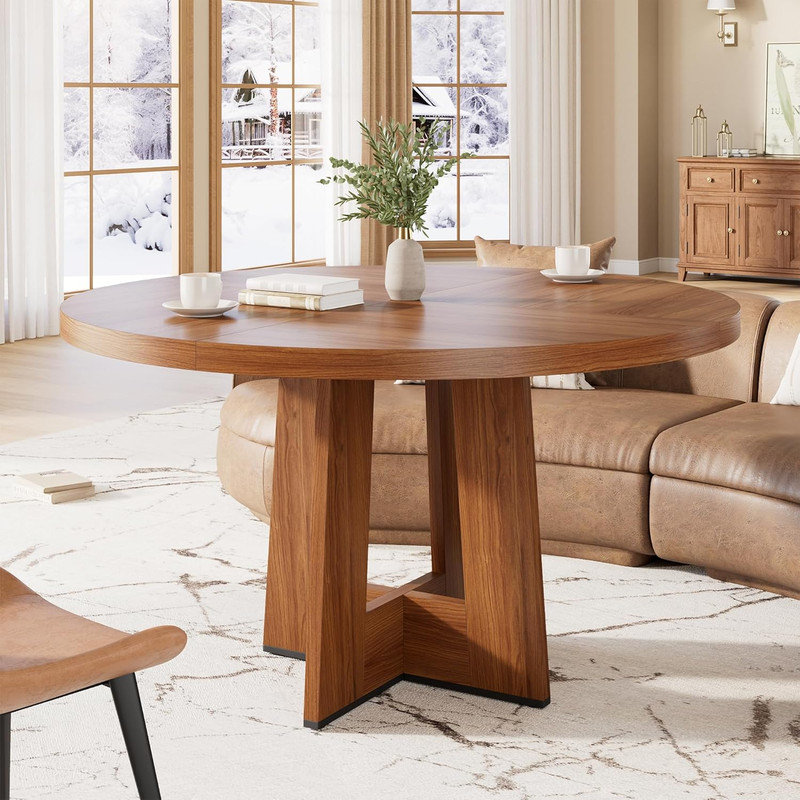 47" Round Pedestal Dining Table for 4-6, Space Saving Kitchen & Apartment Furniture, Brown