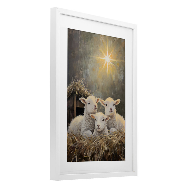 «Festive Lambs in Stable», reproduction encadrée sous verre, design par Petal Prints Design, H 20 po x l 14 po