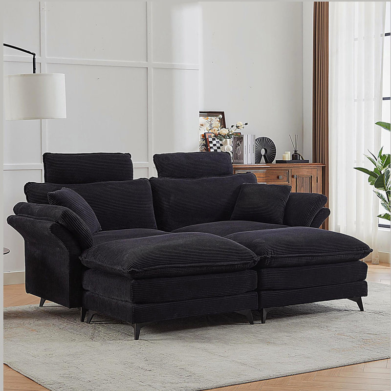 Canapé modulaire à assise profonde, canapé confortable avec repose-pieds Cloud, causeuse, canapé modulaire rembourré en velours côtelé de 85,8 po pour salon, appartement, studio, bureau (noir).