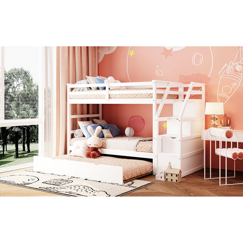 Lit superposé Twintwin avec lit gigogne et 3 escaliers de rangement blancs - Améliore l'ambiance d'organisation de la chambre à coucher pratique pour la chambre à coucher