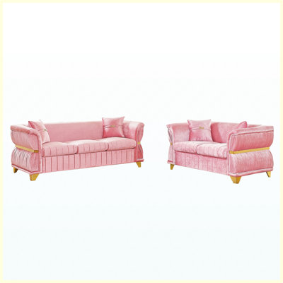Ensemble 2 pièces canapé en velours rose moderne, canapé 3 places et causeuse 2 places avec 4 coussins, garniture en métal doré et pieds fuselés dorés