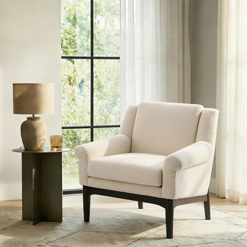 Fauteuil d'appoint rembourré moderne avec pieds en bois massif, Beige, Noir