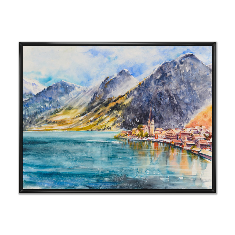 «Abstract Mountain Village on Lake», reproduction sur toile flottante, Cadre noir, H 8 po x l 12 po x P 1 po