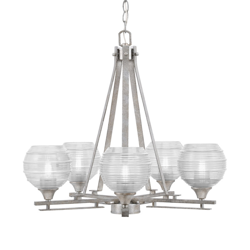 Lustre 5 lumières Uptowne illustré en finition argent vieilli avec verre côtelé transparent de 6 po