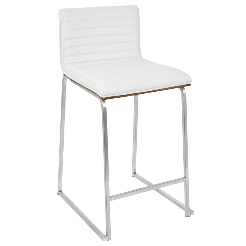 Mara 26" Contemporary Counter Stool In Brushed Stainless Steel, Walnut Wood, And White Faux Leather By Lumisource - Set Of 2