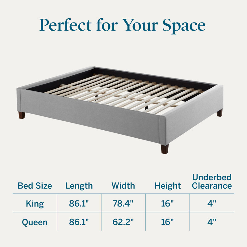 Lucid Upholstered Platform Bed Base with Wood Slats, King, Light Gray, Light Gray, King
