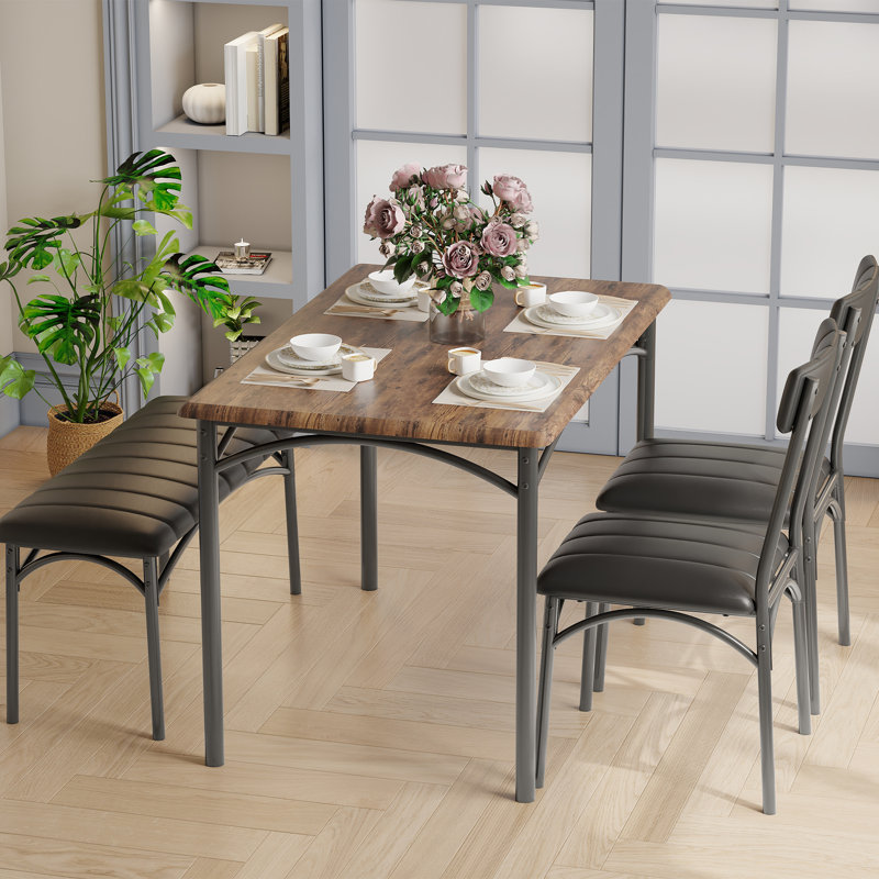 Ensemble de table de salle à manger pour 4 personnes, table de cuisine avec 2 chaises et banc, Brun