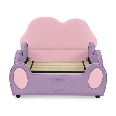 Lit simple mignon en forme de nuage pour enfants en cuir de polyuréthane avec garde-corps, lit pour tout-petits sécuritaire avec motif mauve et rose et poche de rangement
