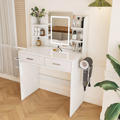 LED Mirror Vanity Dressing Table With Lights For Women & Girls - 3-Color Adjustable Light Strips, 2 Large Drawers, Hair Dryer Stand & Non-Woven Storage Bag, Makeup Desk Bedroom Furniture