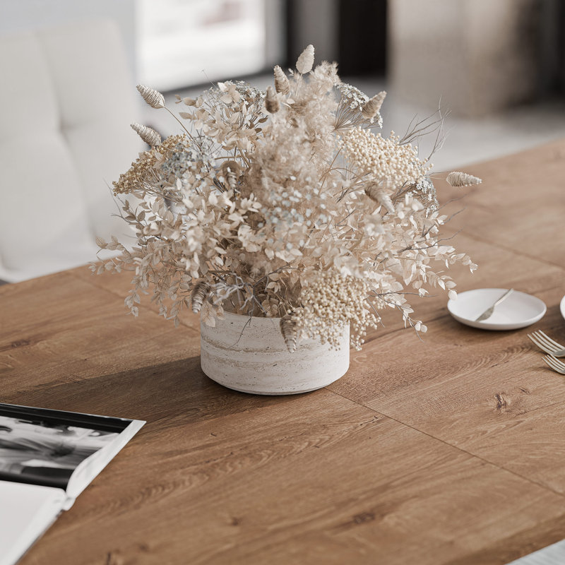 Extendable Metal Base Dining Table, White, 76cm H x 140cm W x 80cm D, Oak Lefkas