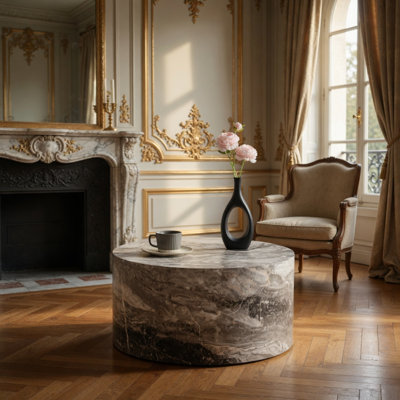 Table basse simple en marbre gris avec panneau de fibres à densité moyenne: 23,6 po de diamètre x 11,8 po de hauteur, style minimaliste moderne, parfaite pour le salon, les appartements et la décoration intérieure. Pas besoin d'assemblage.