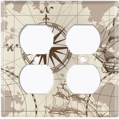 Metal Light Switch Plate Outlet Cover (World Sea Ship Globe Compass Brown - Single Toggle)