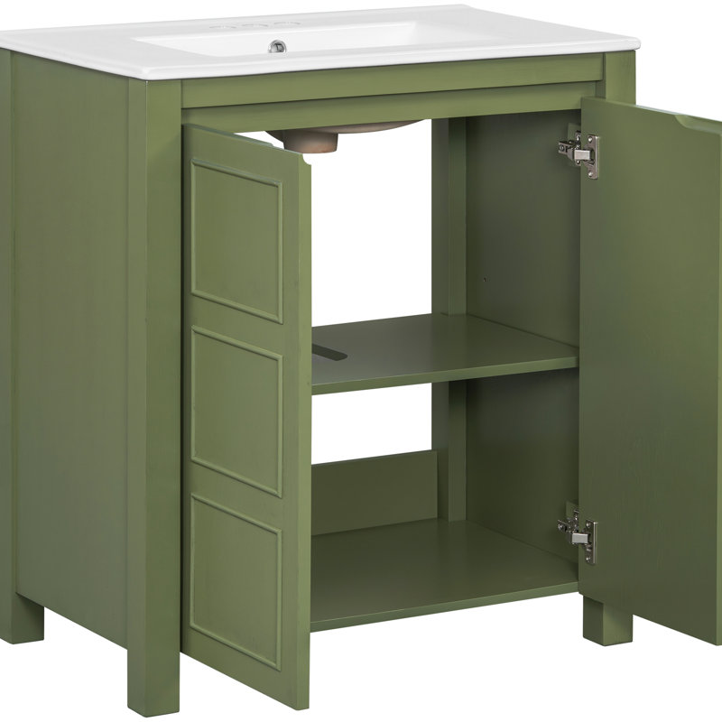 Meuble-lavabo de style rustique de 30 pouces avec lavabo en céramique, poignées de porte cachées, tablette réglable et charnières à fermeture en douceur avec armoire olive, rangement spacieux