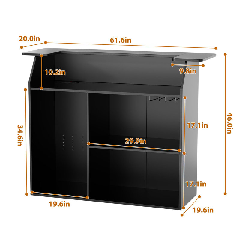 L-Shaped Mini Fridge Bar Cabinet with Built-In Power Outlets, 2-Tier Tabletop with Wine Glass Holders, Black Home Bar Cabinet with Ample Storage and USB Ports for Living Room or Kitchen