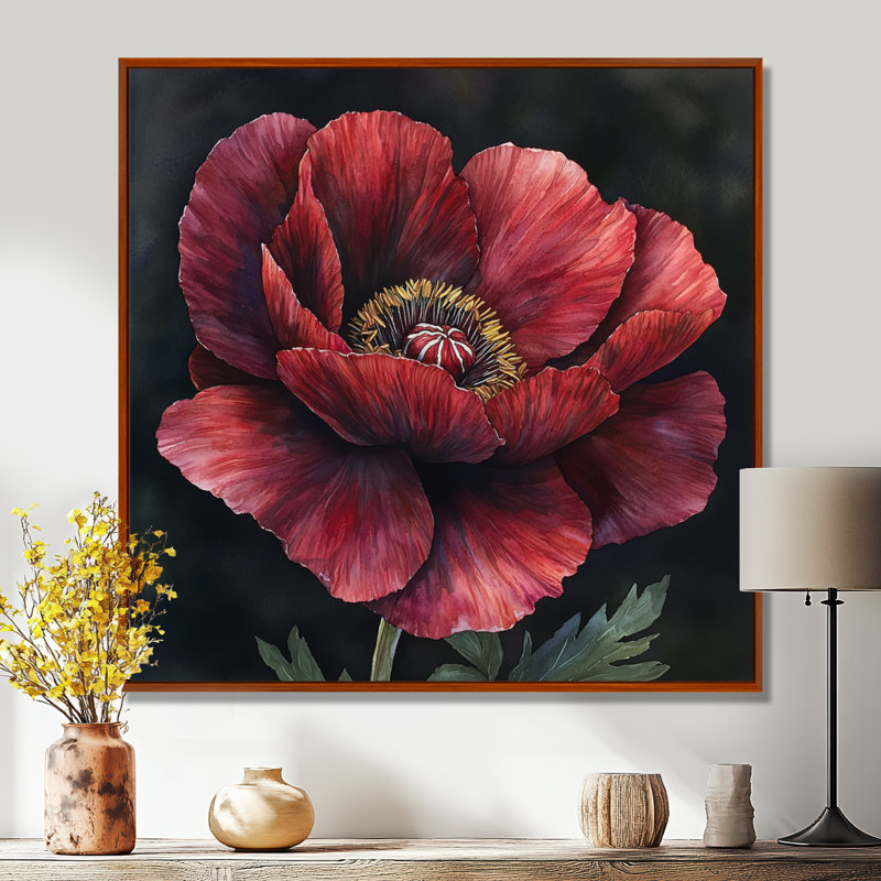 Pivoine bourgogne en couche de grâce III - coquelicots, art mural, Impression encadrée flottante, Brun, H 16 po x l 16 po