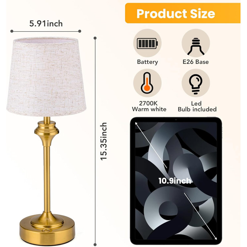 Gold Aluminum Cordless Touch Table Lamps Set with Fabric Shades