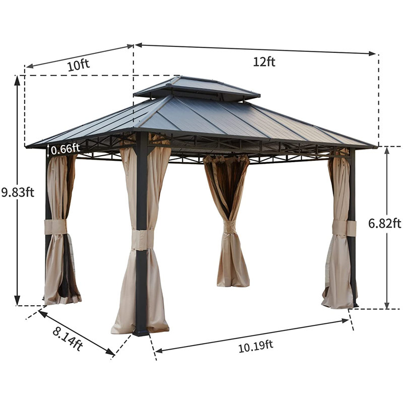 10' x 12' Gray Aluminum Hardtop Patio Gazebo with Curtains