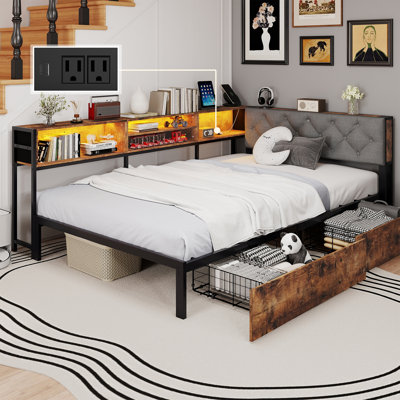 Twin Corner Bed Frame with 2 Drawers and Storage Bookcase, Daybed with Charging Station and LED Lights, Twin Size Corner bed for Kids and Teen