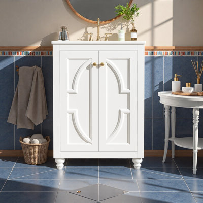 Meuble-lavabo moderne de 24 po avec motif elliptique orné et charnières à fermeture en douceur, armoire de salle de bain avec structure ouverte au dos, pieds tournés en boule avec élégance française