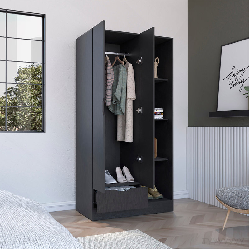 Armoire 71H "avec 1 tiroir et 4 tablettes ouvertes à 2 niveaux, 2 portes, noir, Noir