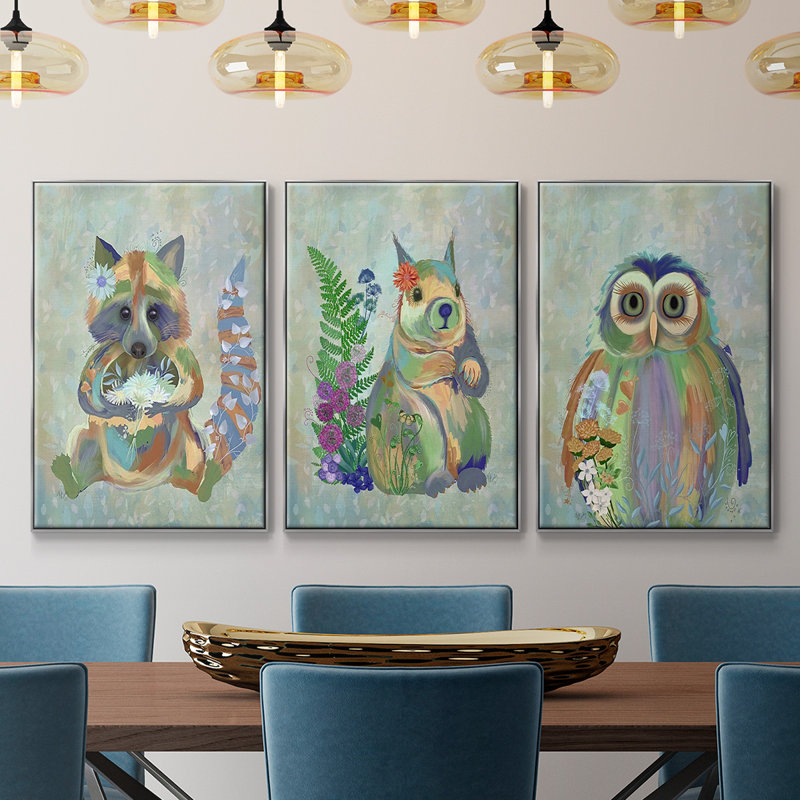 Fantastic Florals Owl 3 pièces, H 24 po x l 48 po x P 2 po, Encadrement argenté