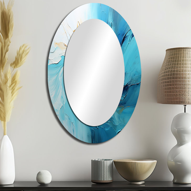 Azure Symphony I - Grand miroir mural ovale sur métal, 36 po x 24 po