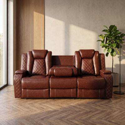 3-Seat Power Recliner Sofa with Drop-Down Console & Cup Holders, Faux Leather Home Theater Couch