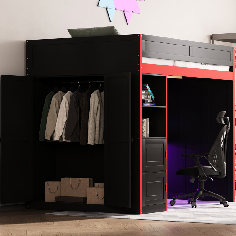 Lit mezzanine de jeu avec bureau, rangement et éclairage DEL - Aménagement d'espace pour étudier, couleur noire, matériau en bois, nombreuses étagères, éclairage de casier, solution de rangement, matériaux pour un espace d'étude fiable