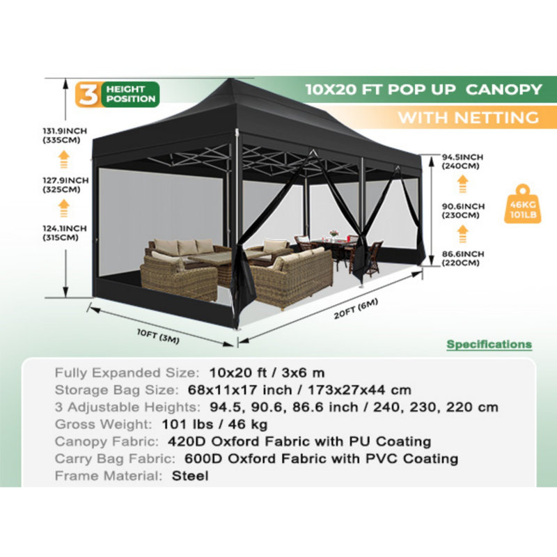 10'Wx20'D Heavy Duty Canopy Tent, Pop up Gazebo with Netting Screened, Black