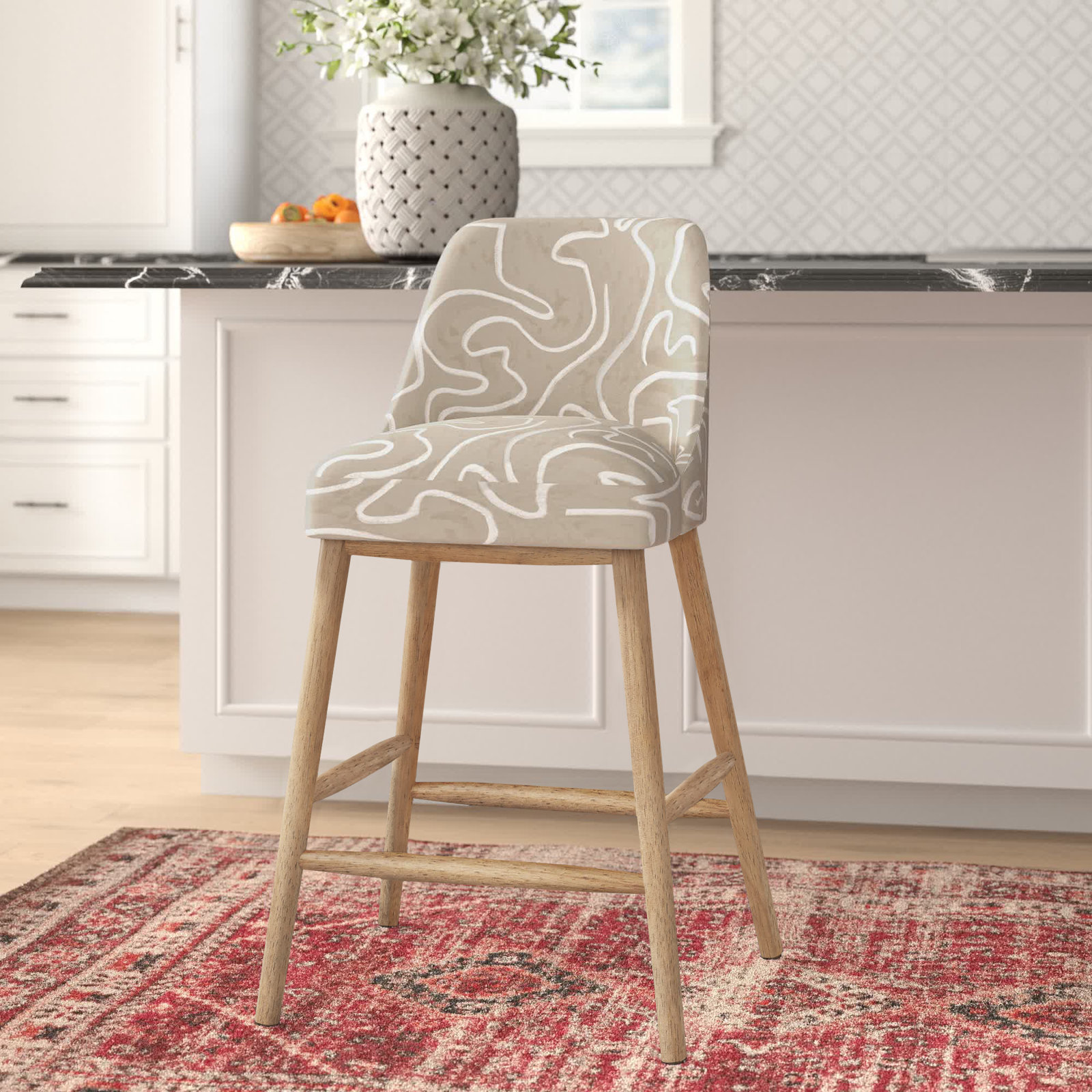 Gallie Bar & Counter Stool, Counter Stool (27” Seat Height), Natural Wood, Shibori Stripe Grey
