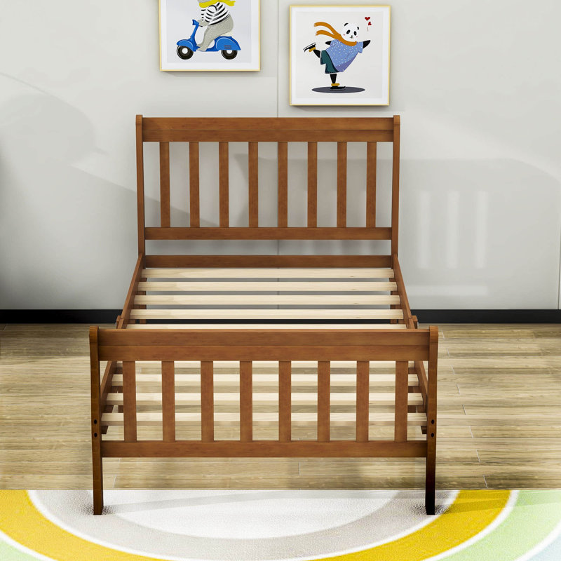 Dicky Twin Size Wooden Platform Bed with Headboard, Walnut