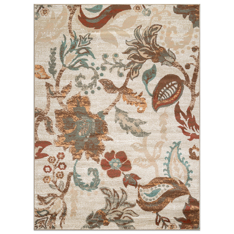 Beige Multi Botanical Scroll Area Rug, Rectangle 5' x 7'