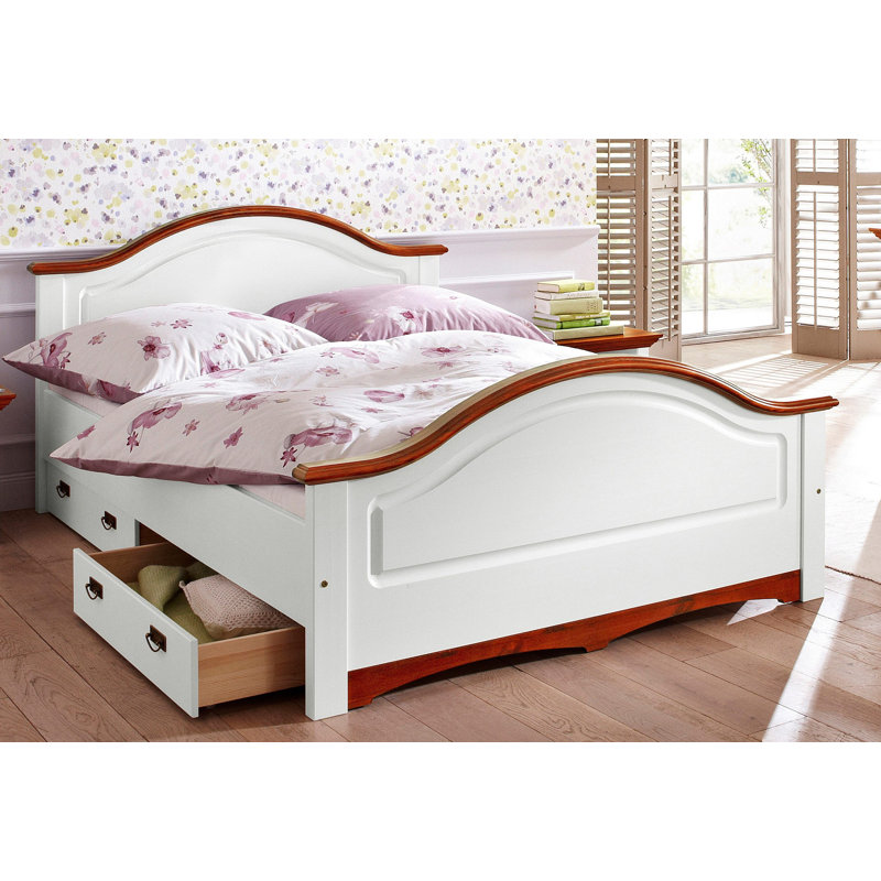 Pinnix Solid Wood Bed, European Double (140 x 200 cm), White/Cherry